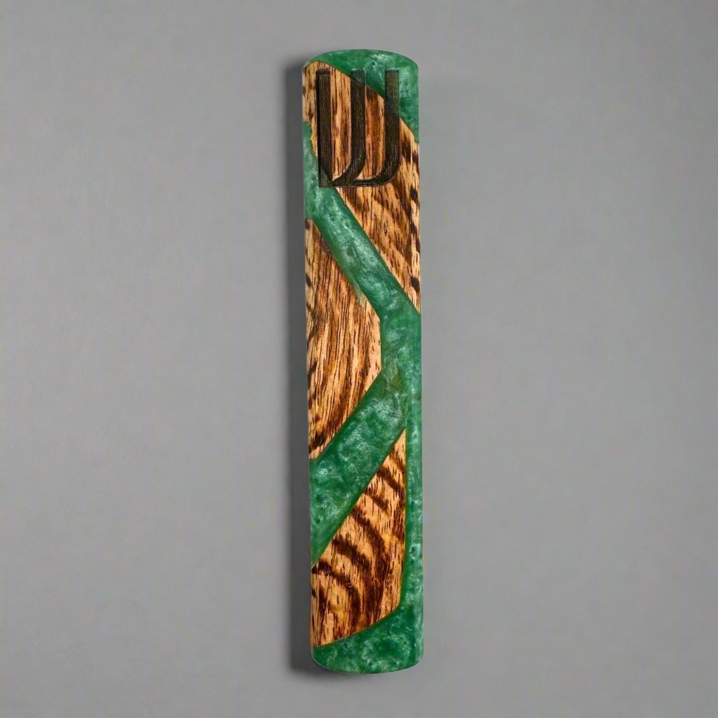 Wood & Green Resin Mezuzah Godinger Acacia Wood, All Judaica, Green, Judaica, Mezuzah, Natural, Resin, Resin Mezuzah, Shin