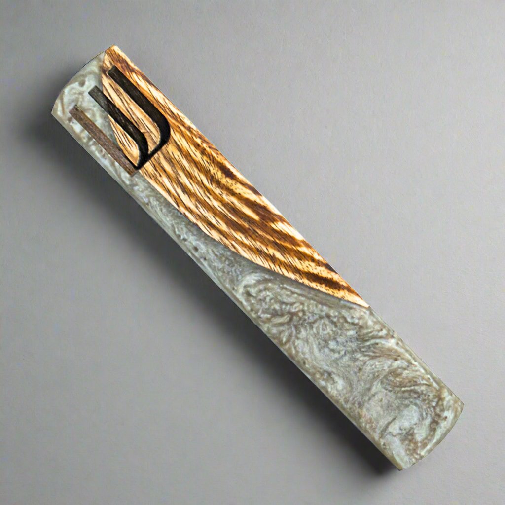 Wood & Grey Resin Mezuzah Godinger All Judaica, Grey, Judaica, Mezuzah, Natural, Resin, Resin Mezuzah, Shin