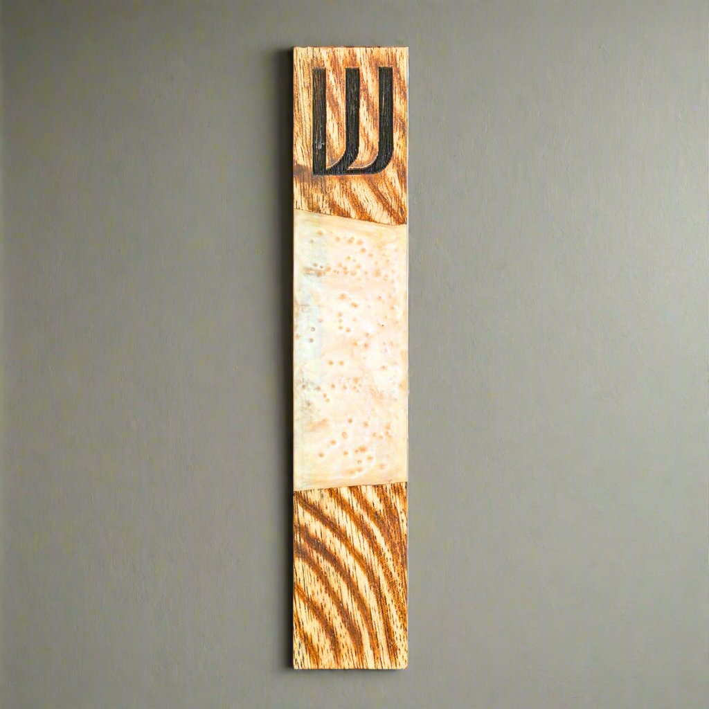 Wood & White Resin Mezuzah Godinger All Judaica, Judaica, Mezuzah, Natural, Resin, Resin Mezuzah, Shin, White