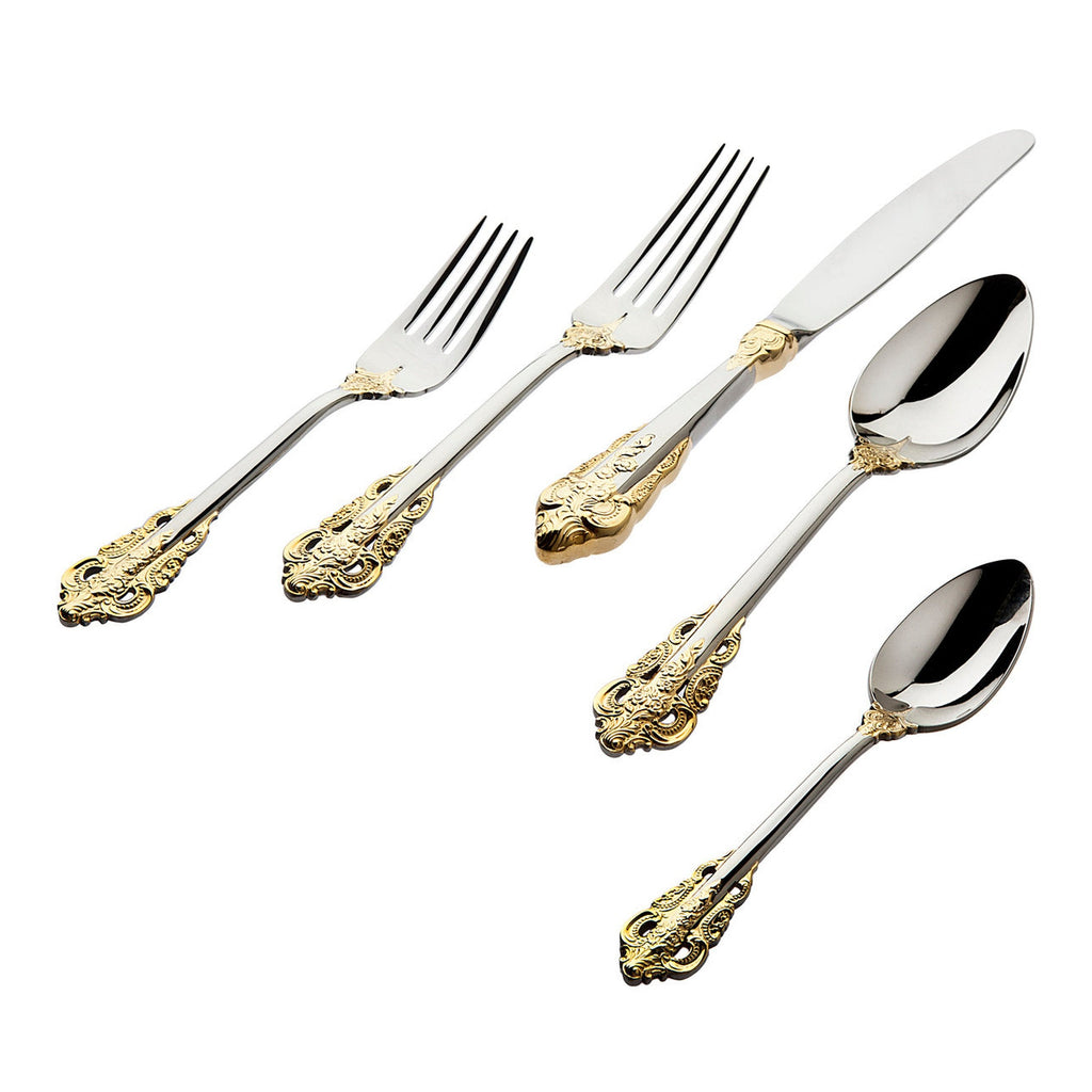 20th Century Baroque Accented 24kt Gold Plated 18/10 Stainless Steel 20 Piece Flatware Set, Service For 4 Godinger 18/10 Stainless Steel, 18/10 Stainless Steel Flatware, 20 Piece Set, 20th Century Baroque, All Flatware & Serveware, Baroque, Flatware Set, Flatware Sets, Gold Accent, Service For 4, Stainless Steel