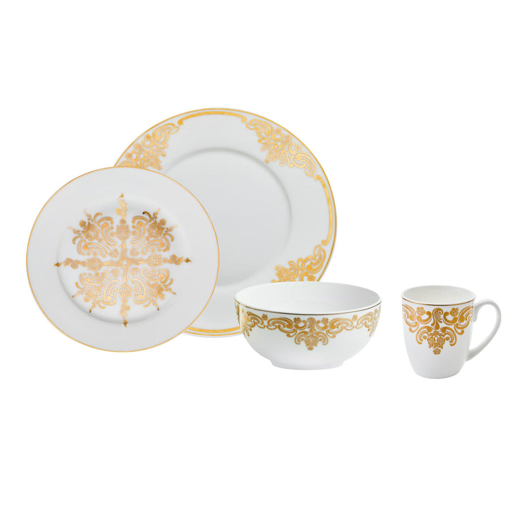 20th Century Baroque Bone China 16 Piece Dinnerware Set, Service for 4 Godinger 16 Piece Dinnerware, 16 Piece Dinnerware Set, 16 Piece Set, 20th Century Baroque, All Dining, Baroque, Bone China, Bone China Dinnerware, Bone China Dinnerware Set, Bone China Set, Fine Dinnerware, Gold, Gold Accent, Gold Dinnerware, White, White & Gold Bone China, White Dinnerware