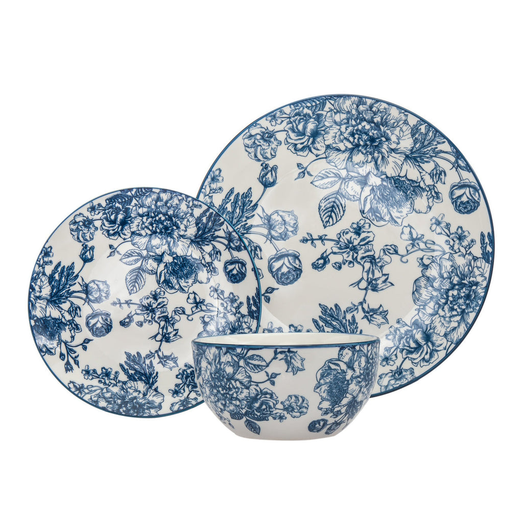 Banbury Blue Porcelain 12 Piece Dinnerware Set, Service For 4 godinger