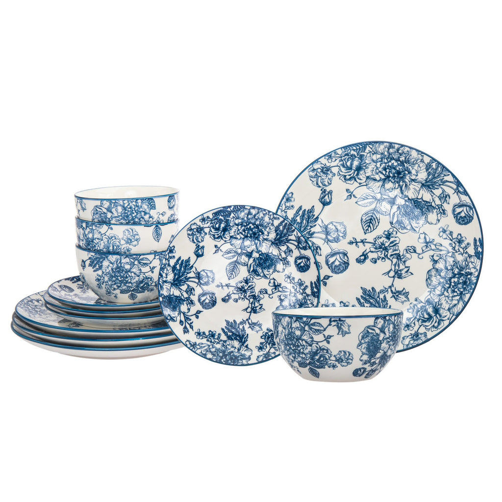 Banbury Blue Porcelain 12 Piece Dinnerware Set, Service For 4 Godinger 12 Piece Dinnerware Set, 12 Piece Set, Blue, Blue Dinnerware, Dinnerware, Dinnerware Set, Everyday Dinnerware, Porcelain, Porcelain Dinnerware, Porcelain Dinnerware Set, Service For 4, White, White Dinnerware