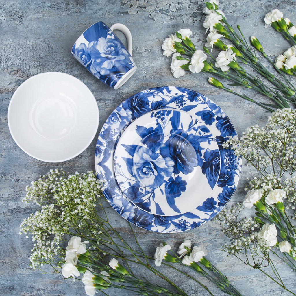 Bluetiful Florale Porcelain 16 Piece Dinnerware Set, Service For 4 Godinger 16 Piece Dinnerware, 16 Piece Dinnerware Set, 16 Piece Set, Blue, Blue Dinnerware, Dinnerware, Dinnerware Set, Everyday Dinnerware, Porcelain, Porcelain Dinnerware, Porcelain Dinnerware Set, Service For 4, White, White Dinnerware