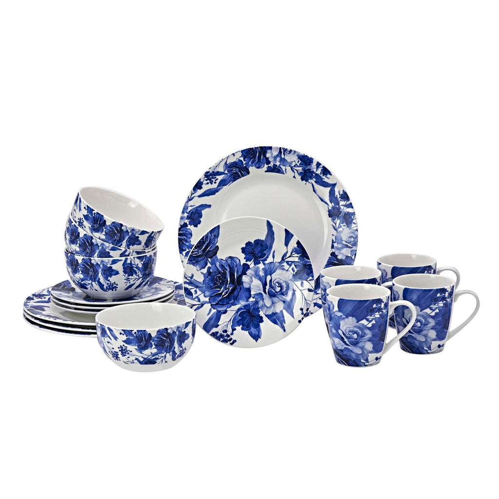 Bluetiful Florale Porcelain 16 Piece Dinnerware Set, Service For 4 Godinger 16 Piece Dinnerware, 16 Piece Dinnerware Set, 16 Piece Set, Blue, Blue Dinnerware, Dinnerware, Dinnerware Set, Everyday Dinnerware, Porcelain, Porcelain Dinnerware, Porcelain Dinnerware Set, Service For 4, White, White Dinnerware