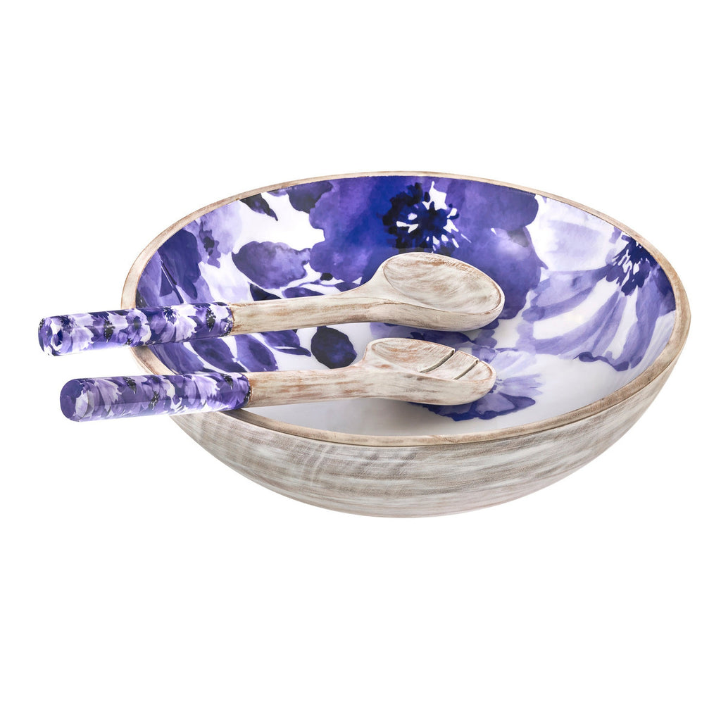 Claro Blue & Whitewash Floral Salad Server Set Godinger Blue Claro, Claro, Flatware & Serveware, Floral Claro, Pink Claro, Salad, Salad Servers, Serveware, Tableware, Wood & Enamel