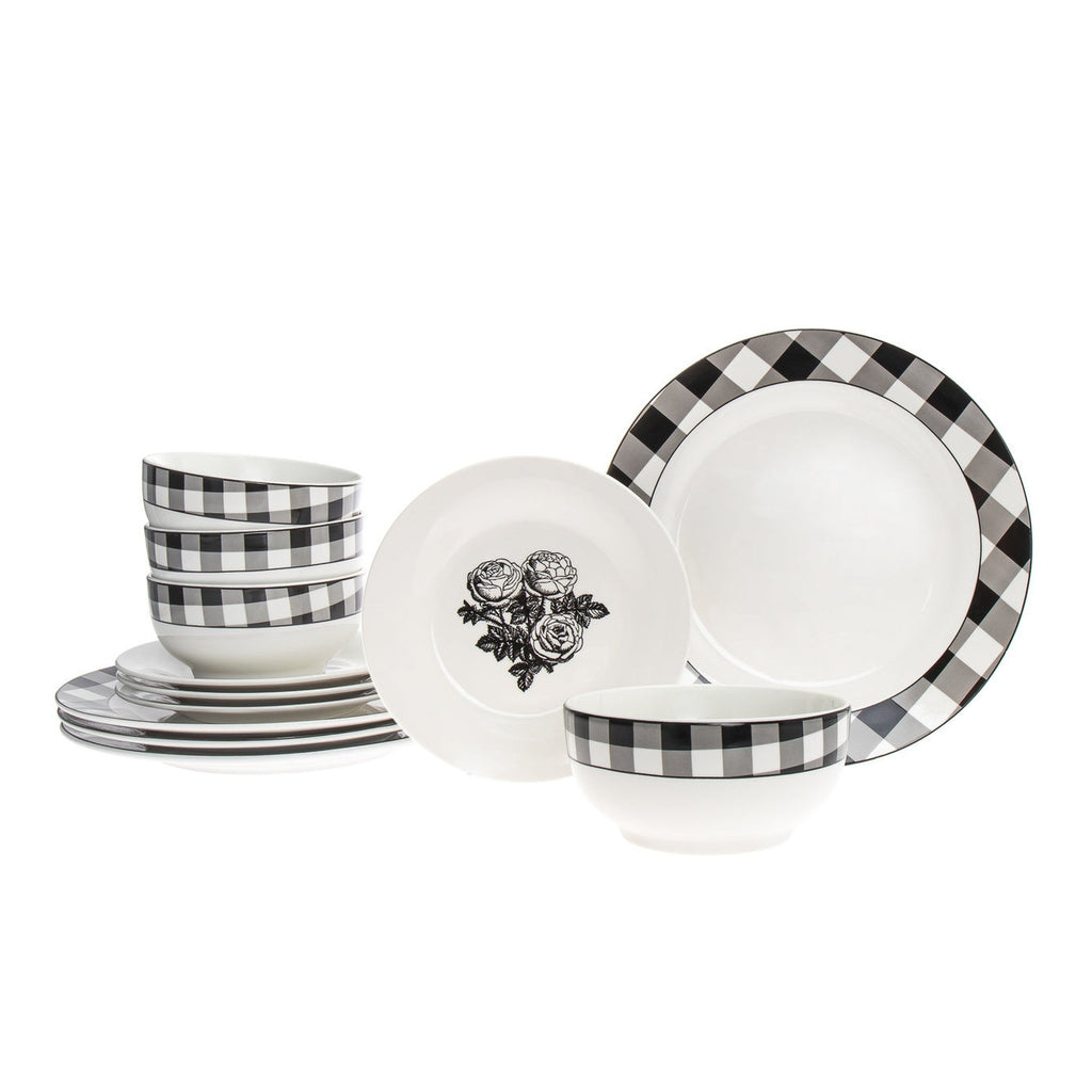 Damier Porcelain 12 Piece Dinnerware Set, Service For 4 Godinger 12 Piece Dinnerware Set, 12 Piece Set, All Dining, Black, Black Dinnerware, Dinerware, Everyday Dinnerware, Floral Dinnerware, Porcelain, Porcelain Dinnerware, Porcelain Dinnerware Set, Service For 4, White, White Dinnerware