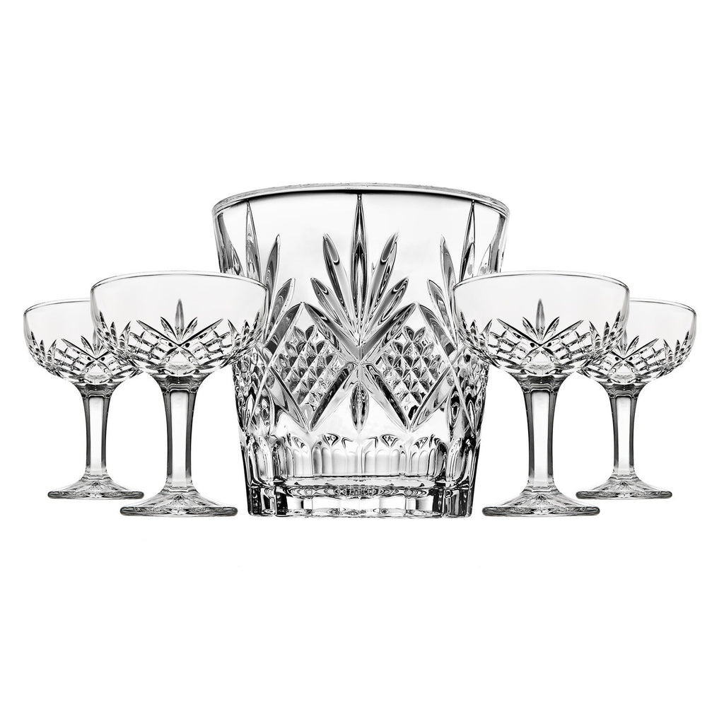 Dublin Crystal 5 Piece Champagne Ice Bucket and Champagne Coup Set Godinger All Glassware, All Glassware & Barware, Champagne, Cut Crystal, Dublin, Dublin Crystal, Dublin Glassware, Ice Buckets, Wine & Champagne