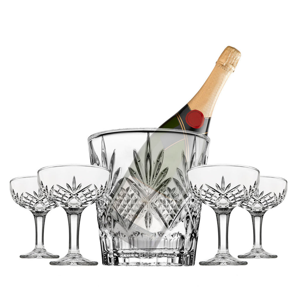 Dublin Crystal 5 Piece Champagne Ice Bucket and Champagne Coup Set Godinger All Glassware, All Glassware & Barware, Champagne, Cut Crystal, Dublin, Dublin Crystal, Dublin Glassware, Ice Buckets, Wine & Champagne