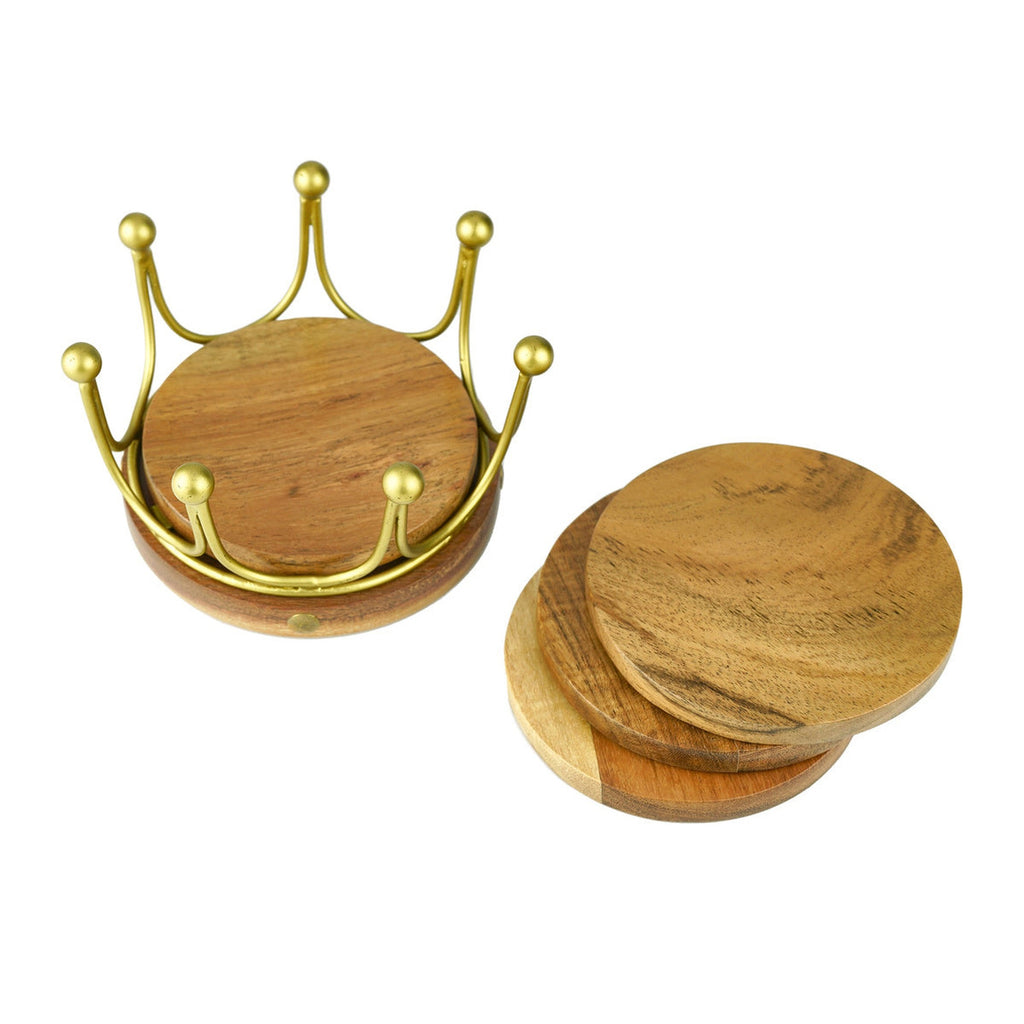 Gold Crown Coaster Set Godinger Acacia Wood, All Barware, All Glassware, All Glassware & Barware, Coaster Set, Coasters, Crown, Gold, Wood