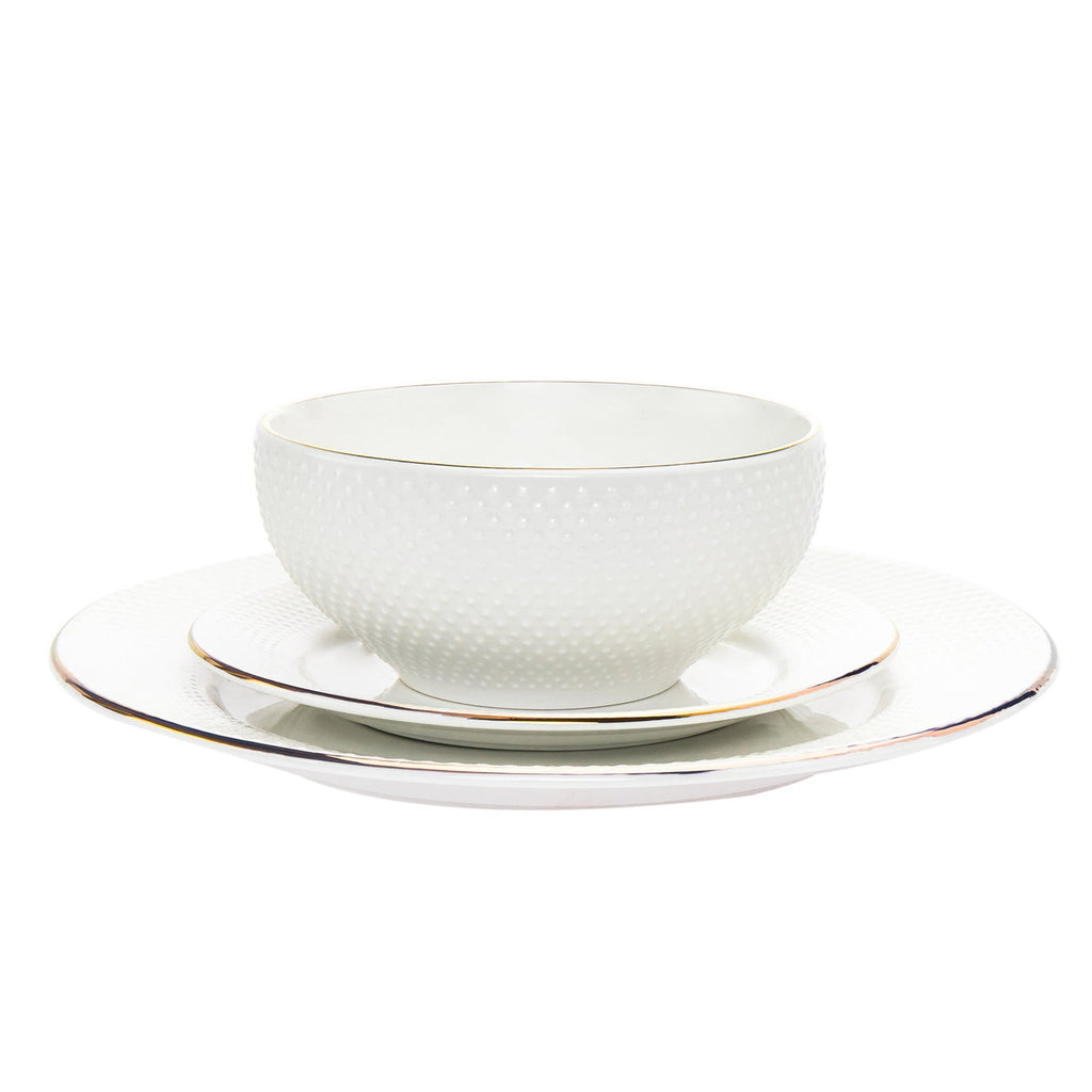 Pique Gold Rim Porcelain 18 Piece Dinnerware Set, Service For 6 Godinger 18 Piece Dinnerware, 18 Piece Dinnerware Set, 18 Piece Set, All Dining, Fine Dinnerware, Gold, Gold Rim, Porcelain, Porcelain Dinnerware, Porcelain Dinnerware Set, Service For 6, White, White Dinnerware, White Porcelain