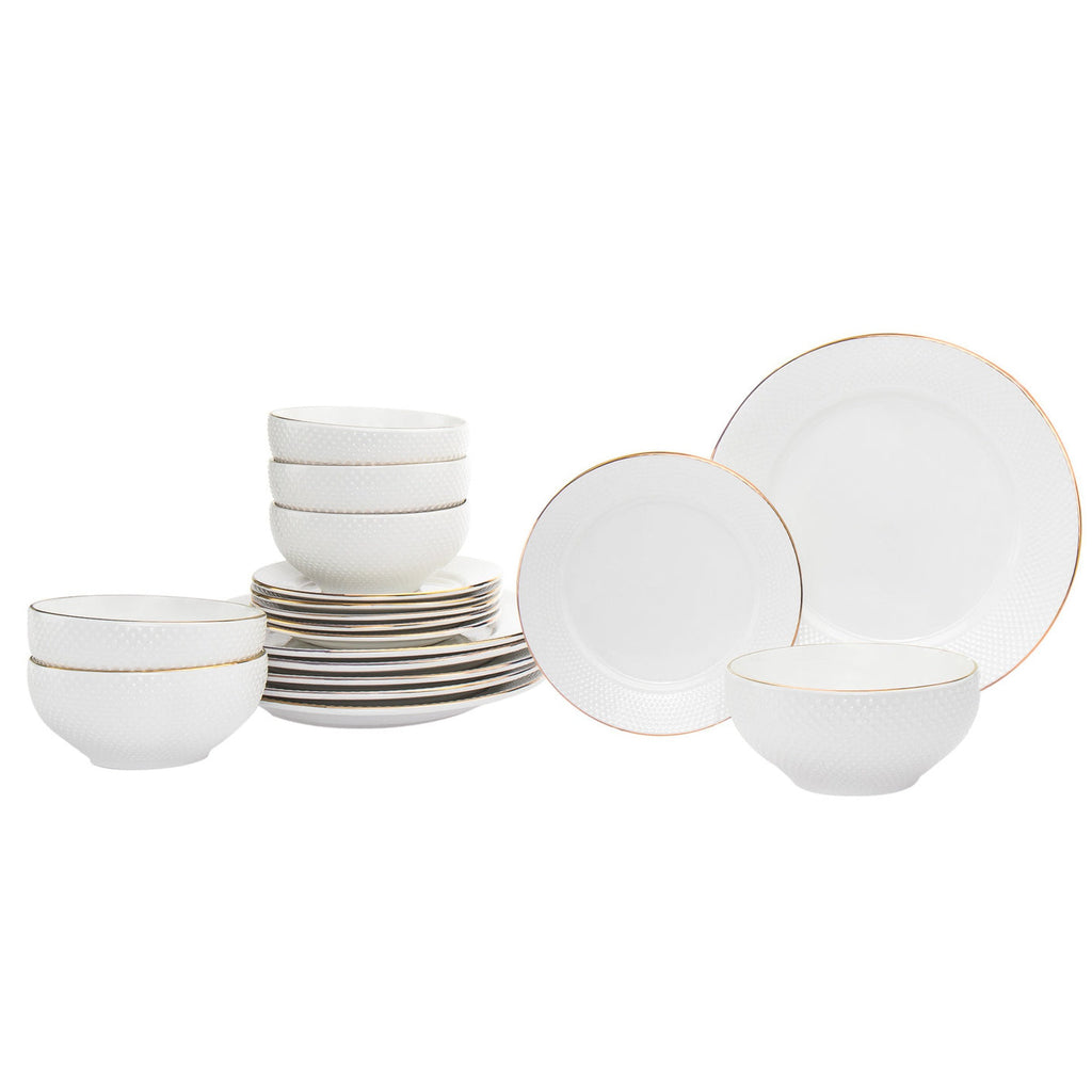 Pique Gold Rim Porcelain 18 Piece Dinnerware Set, Service For 6 Godinger 18 Piece Dinnerware, 18 Piece Dinnerware Set, 18 Piece Set, All Dining, Fine Dinnerware, Gold, Gold Rim, Porcelain, Porcelain Dinnerware, Porcelain Dinnerware Set, Service For 6, White, White Dinnerware, White Porcelain