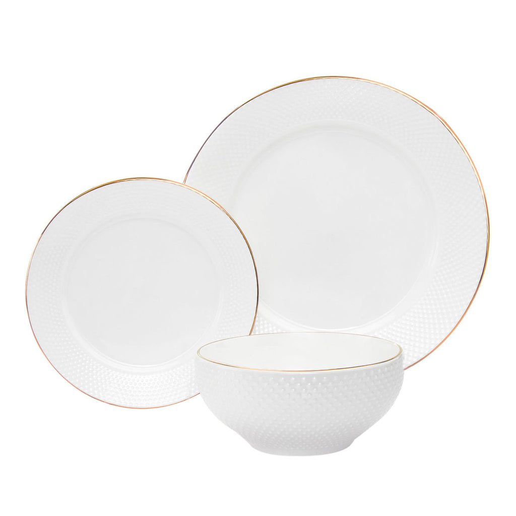 Pique Gold Rim Porcelain 18 Piece Dinnerware Set, Service For 6 Godinger 18 Piece Dinnerware, 18 Piece Dinnerware Set, 18 Piece Set, All Dining, Fine Dinnerware, Gold, Gold Rim, Porcelain, Porcelain Dinnerware, Porcelain Dinnerware Set, Service For 6, White, White Dinnerware, White Porcelain