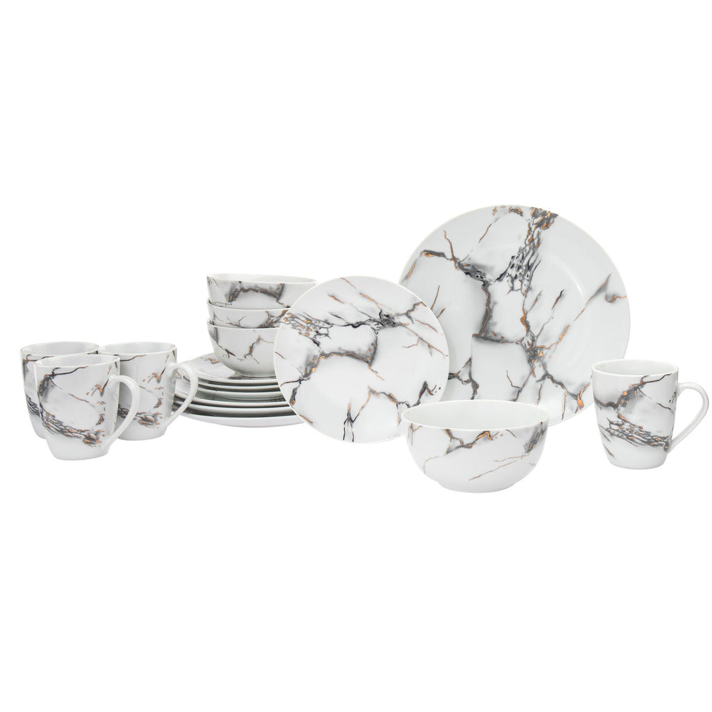 Rayo Marble Porcelain 16 Piece Dinnerware Set, Service For 4 Godinger 16 Piece Dinnerware, 16 Piece Dinnerware Set, 16 Piece Set, Dinnerware, Dinnerware Set, Everyday Dinnerware, Gold, Grey, Porcelain, Porcelain Dinnerware, Porcelain Dinnerware Set, Service For 4, White, White Dinnerware