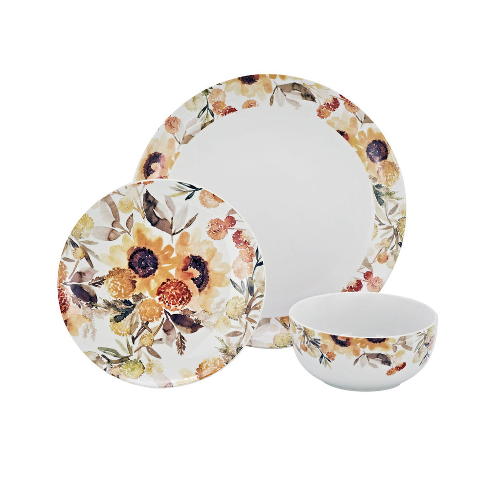 Rustic Sunflower Porcelain 12 Piece Dinnerware Set, Service For 4 Godinger 12 Piece Dinnerware Set, 12 Piece Set, All Dining, Dinnerware, Dinnerware Set, Everyday Dinnerware, Porcelain, Porcelain Dinnerware, Porcelain Dinnerware Set, Service For 4, White, White Dinnerware, Yellow