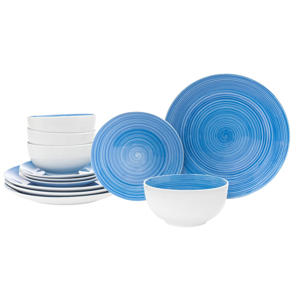 Spiral Blue Porcelain 12 Piece Dinnerware Set, Service For 4 Godinger 12 Piece Dinnerware Set, Blue, Blue Dinnerware, Dinnerware, Dinnerware Set, Everyday Dinnerware, Porcelain Dinnerware, Porcelain Dinnerware Set, Service For 4