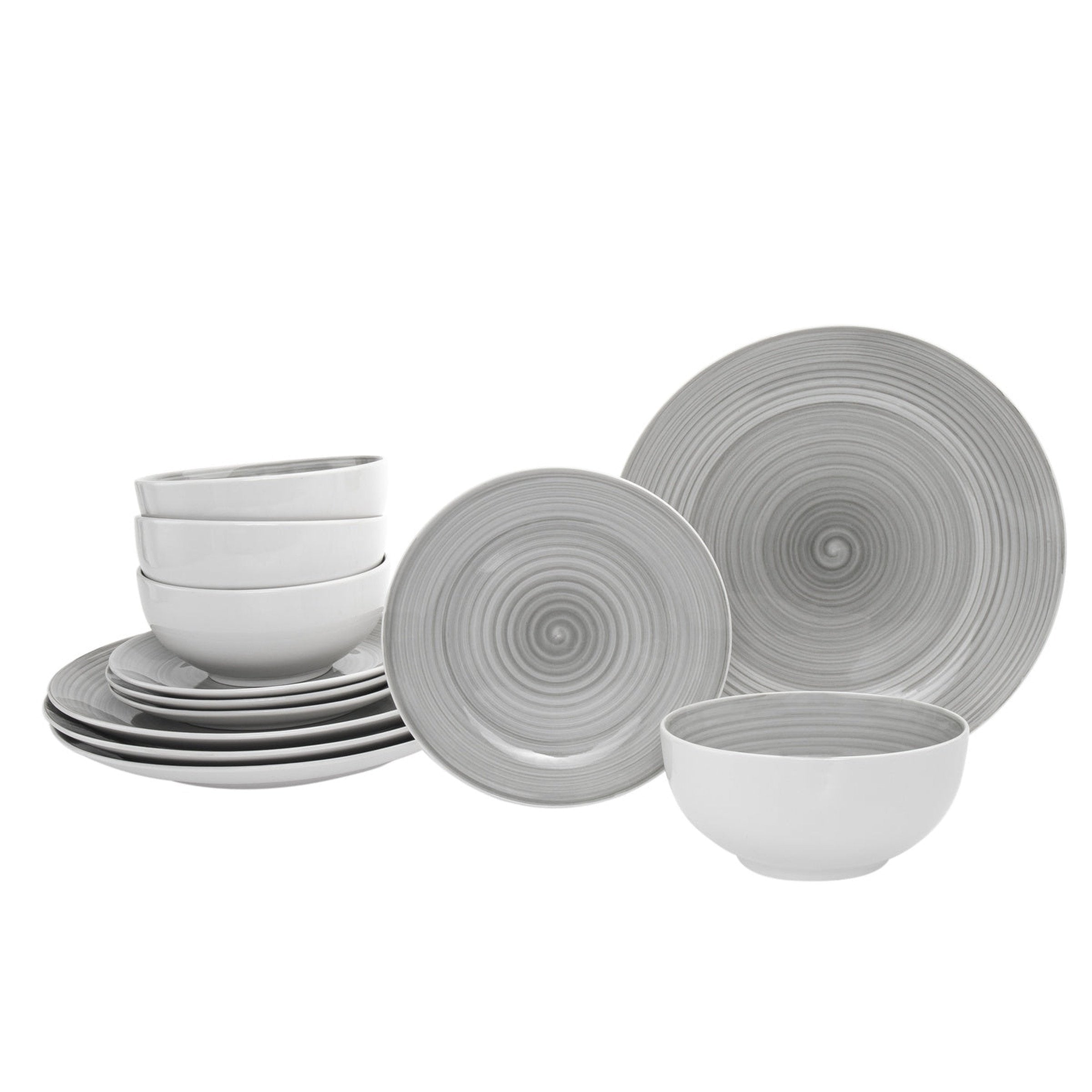 Spiral Grey Porcelain 12 Piece Dinnerware Set, Service For