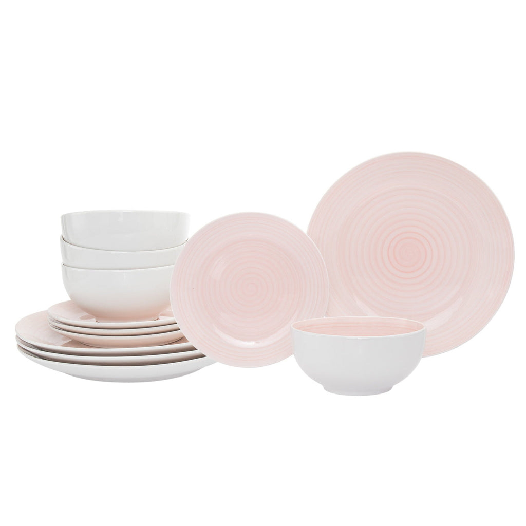 Spiral Pink Porcelain 12 Piece Dinnerware Set, Service For 4 Godinger 12 Piece Dinnerware Set, Dinnerware, Dinnerware Set, Everyday Dinnerware, Pink, Pink Dinnerware, Porcelain Dinnerware, Porcelain Dinnerware Set, Service For 4